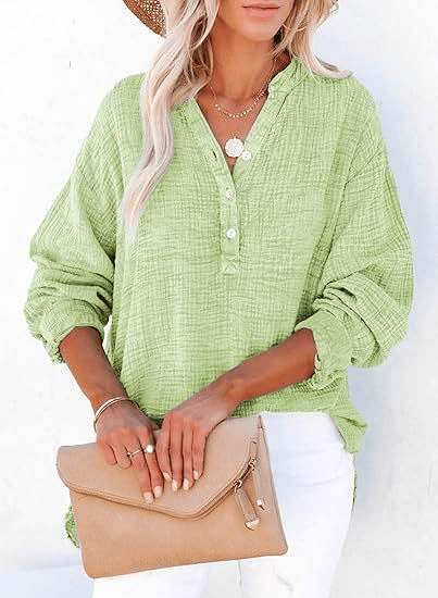 🔥Womens Casual Gauze Button Neck Long Sleeve Oversized BlousesTops