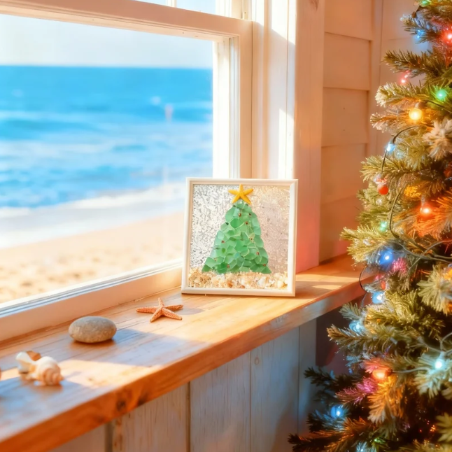 ðHandcrafted Sea Glass Christmas Tree Artâ Coastal Charm with Luxe Beachy Festive Flairð