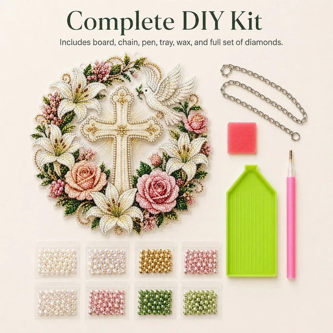 ๐โ๏ธ Cross, Flowers & Peace Dove Diamond Art Hanging Ornament Kit๐บ