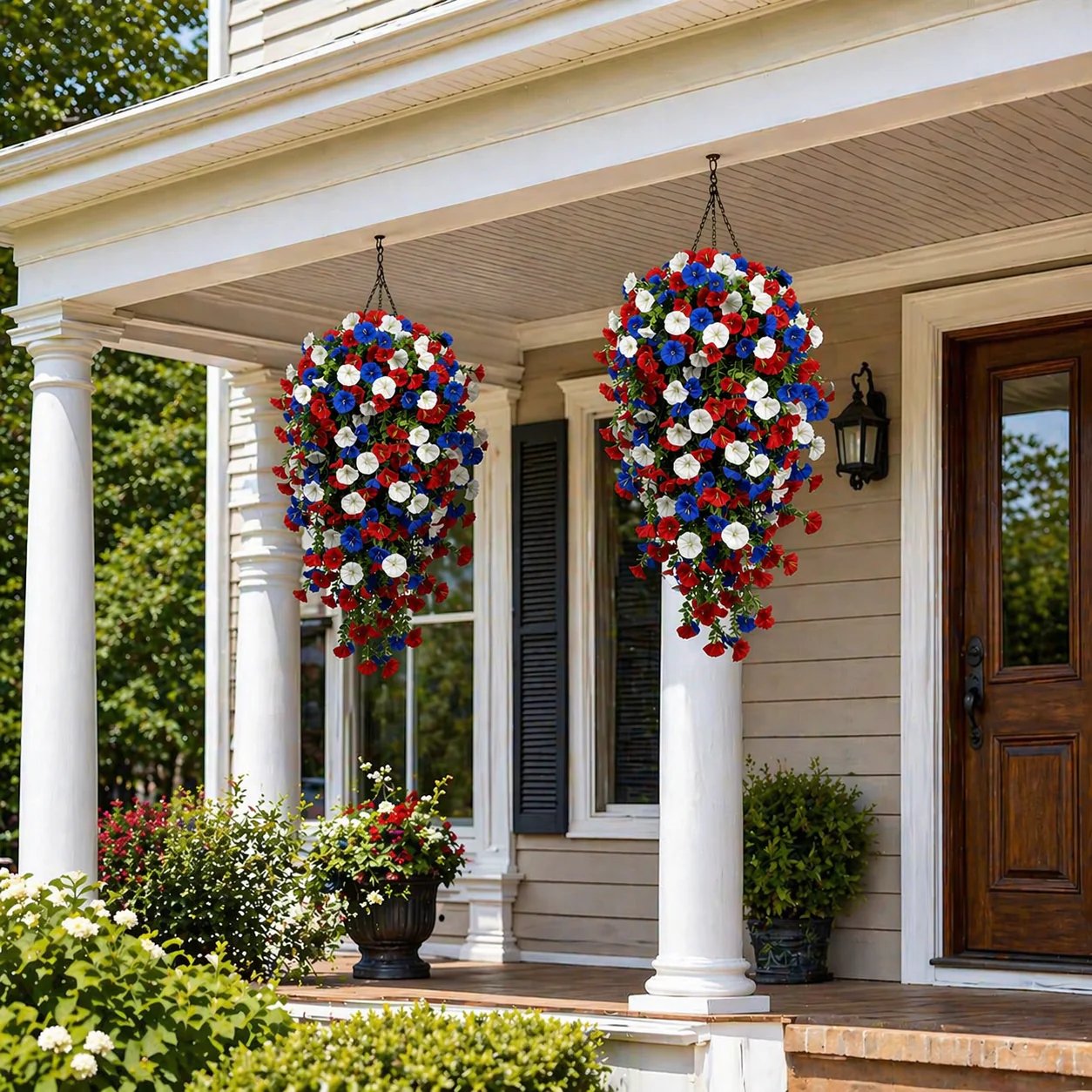 🎉Patriotic Hanging Flower Baskets 🔴⚪🔵 - Artificial Outdoor Decor, No Maintenance