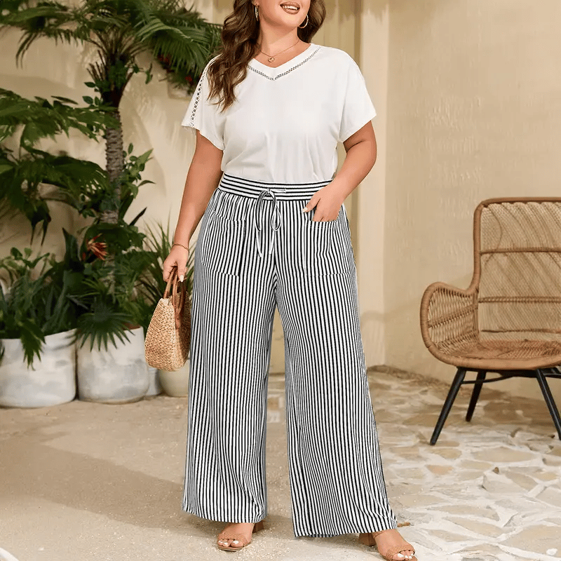Womens Plus Size Wide Leg Pants Elastic High Waist Striped Casual Palazzo Pants Lounge Trouser with Pockets (1X-5X)