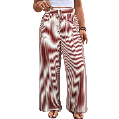 Womens Plus Size Wide Leg Pants Elastic High Waist Striped Casual Palazzo Pants Lounge Trouser with Pockets (1X-5X)