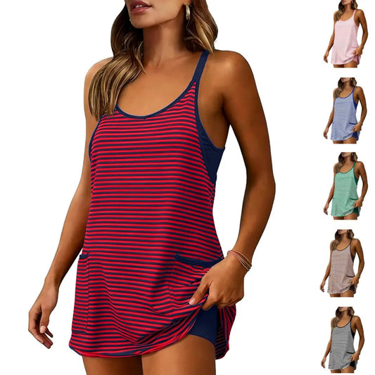 Women's Summer Sleeveles Striped Mini Dress with Built-in Shorts V Neck
