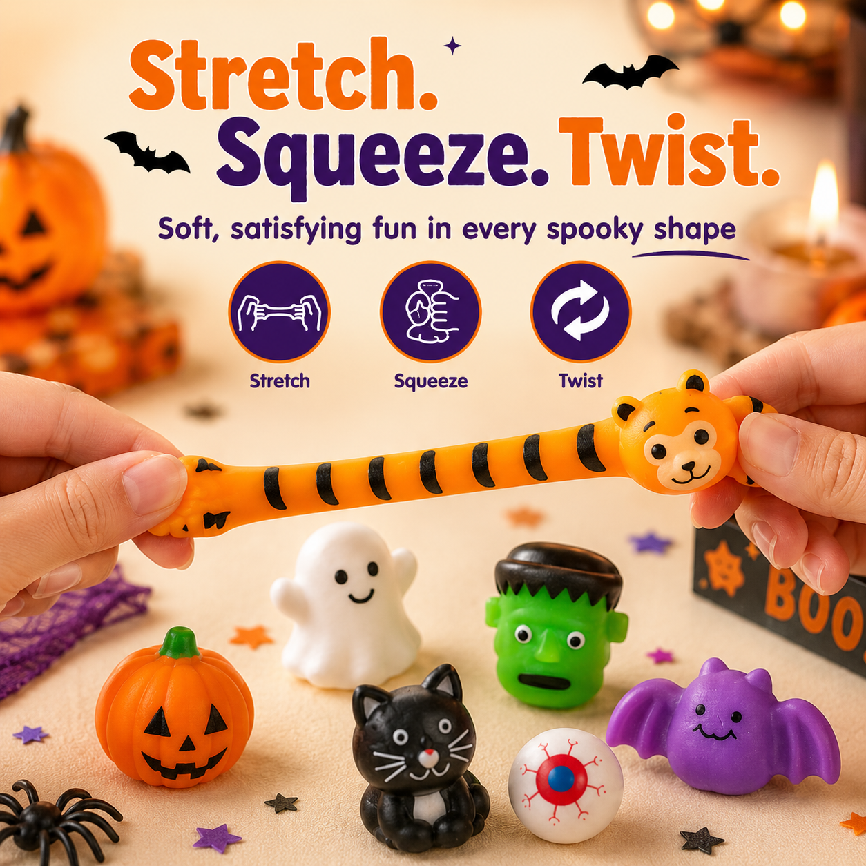 Hands gently stretching an orange Halloween squishy beside ghost, pumpkin and bat designs