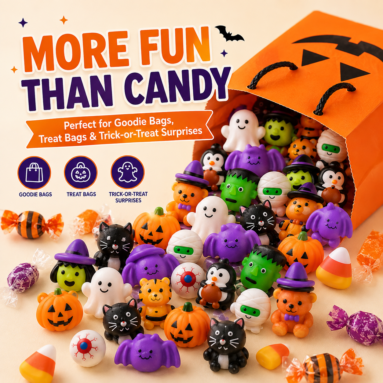 Assorted Halloween mini squishies with pumpkins, ghosts, bats and monsters, ready for treat bags