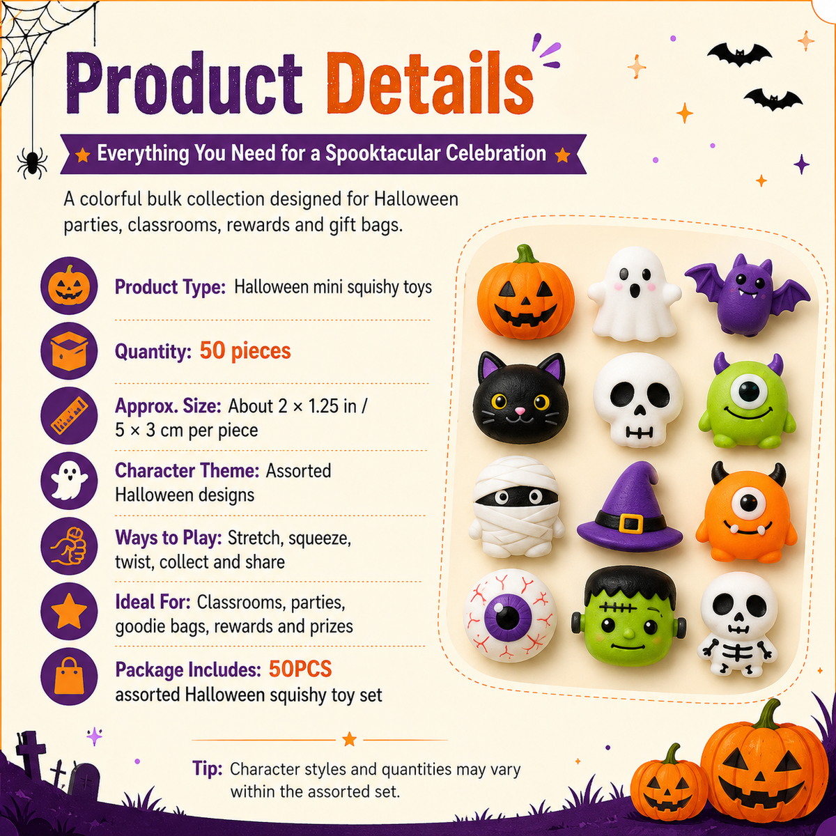 🔥 Last Day 60% OFF — 50PCS Halloween Mochi Squishy Toys for Party Favors & Spooky Fun 🎃