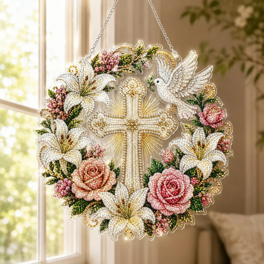 💐✝️ Cross, Flowers & Peace Dove Diamond Art Hanging Ornament Kit🌺