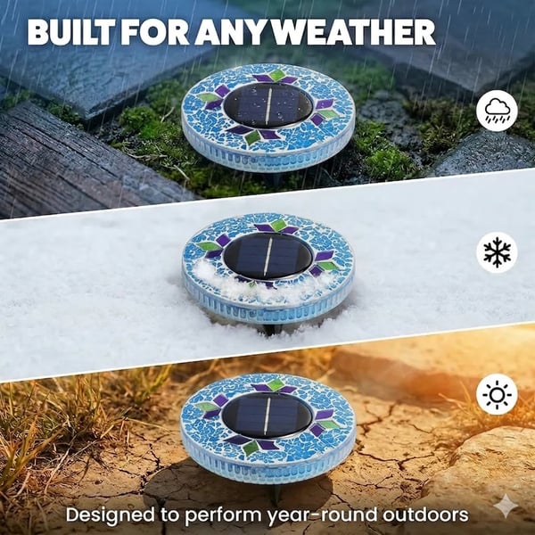 Solar Disk Lights – Handcrafted Mosaic Outdoor LED Waterproof In-Ground & Tabletop Wireless Lighting