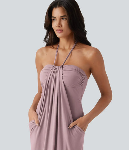 Trovehand Hourglass Bodycon Halter Tie Maxi Dress with Pockets