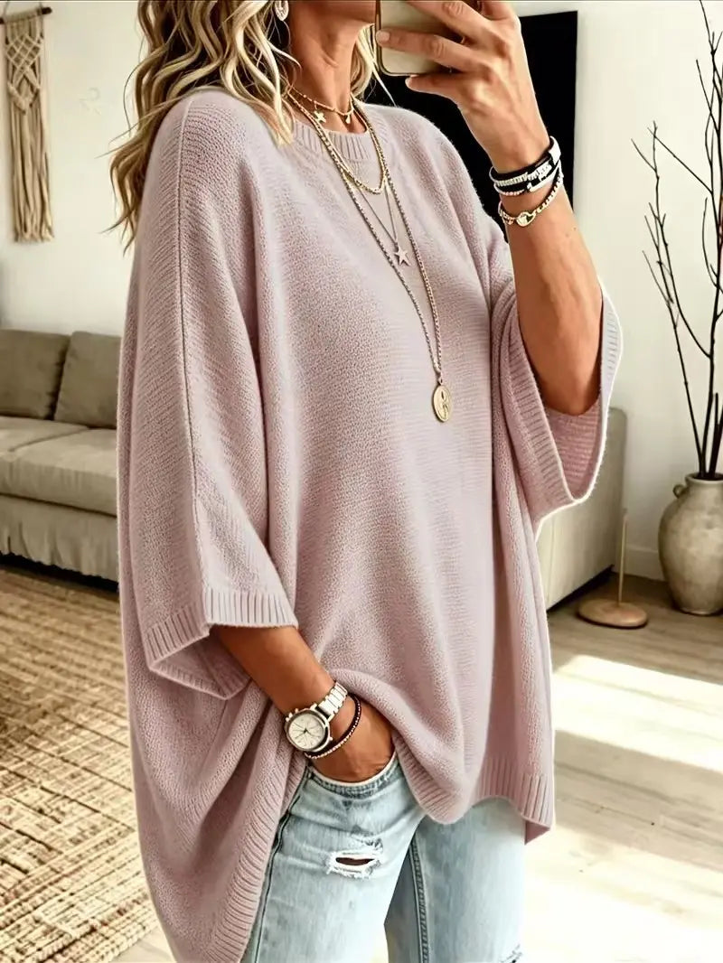Women Round Neck Side Slit Oversized Batwing Sleeve Knit Top