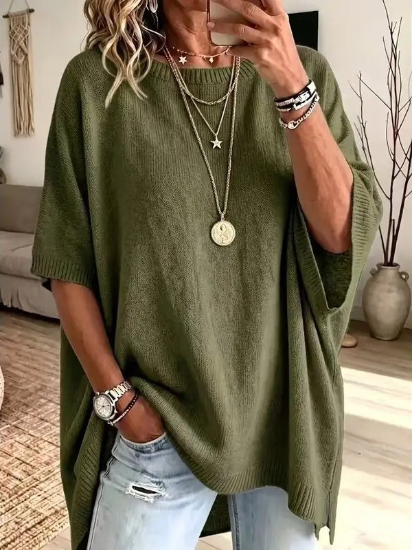 Women Round Neck Side Slit Oversized Batwing Sleeve Knit Top
