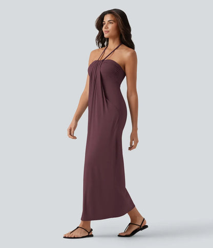 Trovehand Hourglass Bodycon Halter Tie Maxi Dress with Pockets