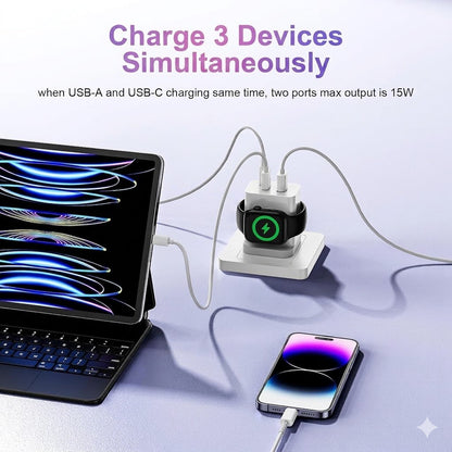 3-in-1 Magnetic Wireless Cordless PD USB-C Wall Charger Block - 20W Fast Charging