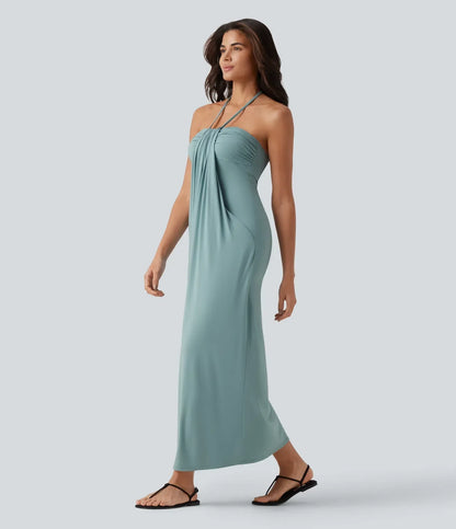 Trovehand Hourglass Bodycon Halter Tie Maxi Dress with Pockets