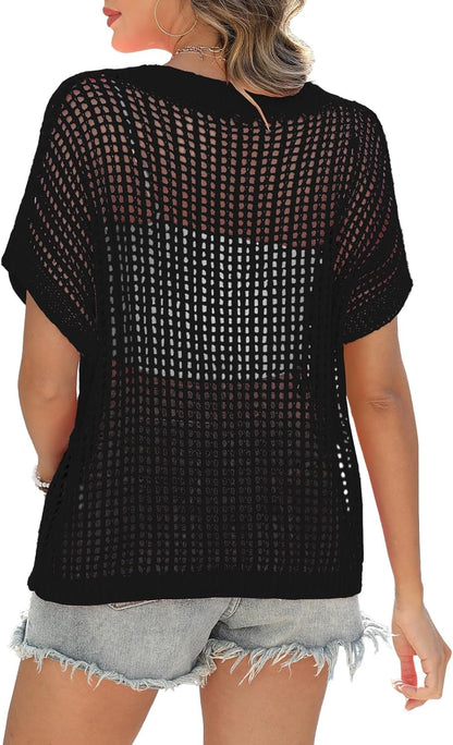 Short Sleeve Casual Crochet Knit Tops – Lightweight Summer Knit Crop Top（Buy 2 Free Shipping）