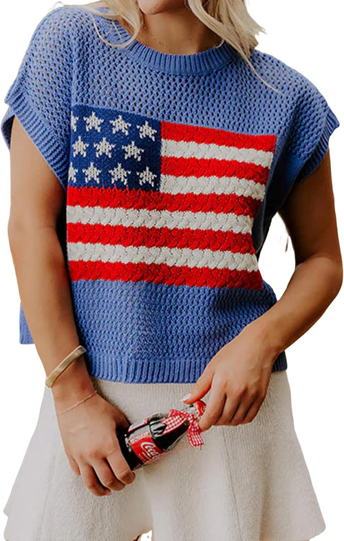 Women American Flag Lightweight Sweater Vest Short Sleeve Patriotic Knit Top