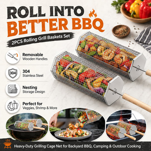 🍢 Rolling Grill Baskets | No More Burnt Veggies - Grill Perfectly Every Time! 🔥