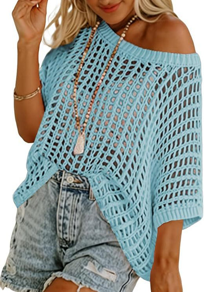 Short Sleeve Casual Crochet Knit Tops – Lightweight Summer Knit Crop Top（Buy 2 Free Shipping）