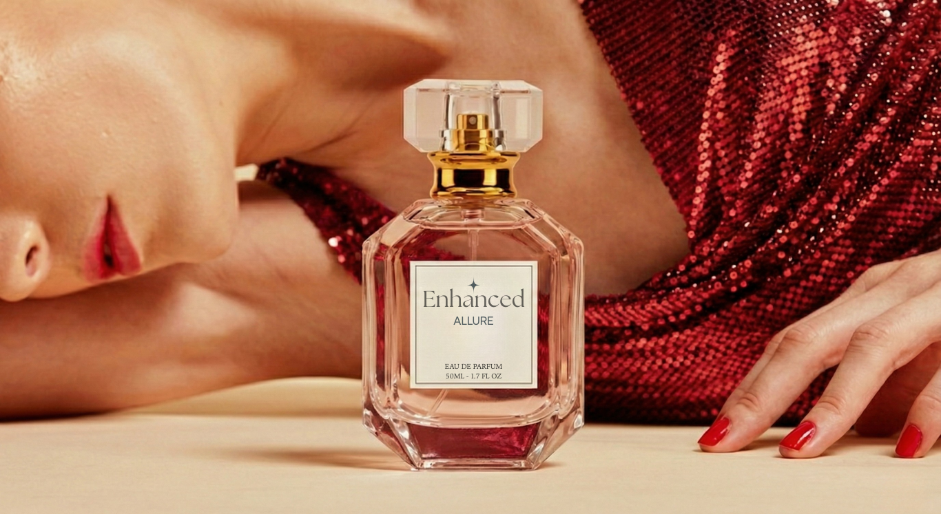 Allure perfume beside a woman in a red sequined dress