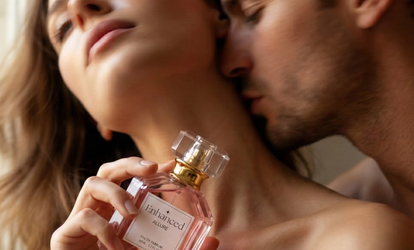 A couple sharing a close moment with Allure perfume