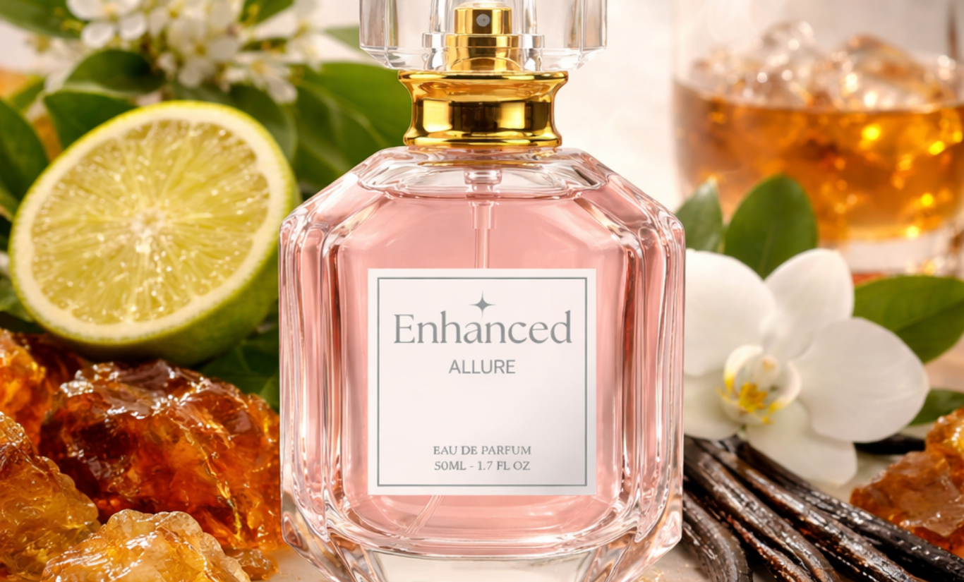 Allure perfume surrounded by citrus, amber, and vanilla