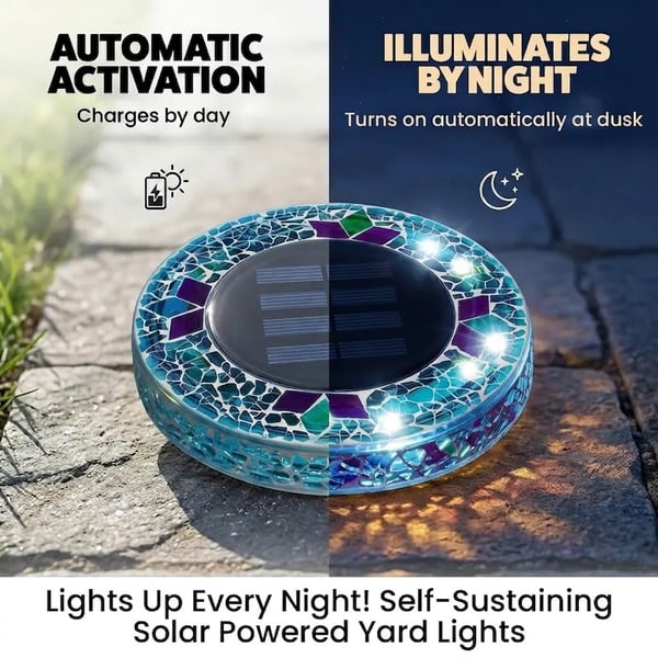 Solar Disk Lights – Handcrafted Mosaic Outdoor LED Waterproof In-Ground & Tabletop Wireless Lighting