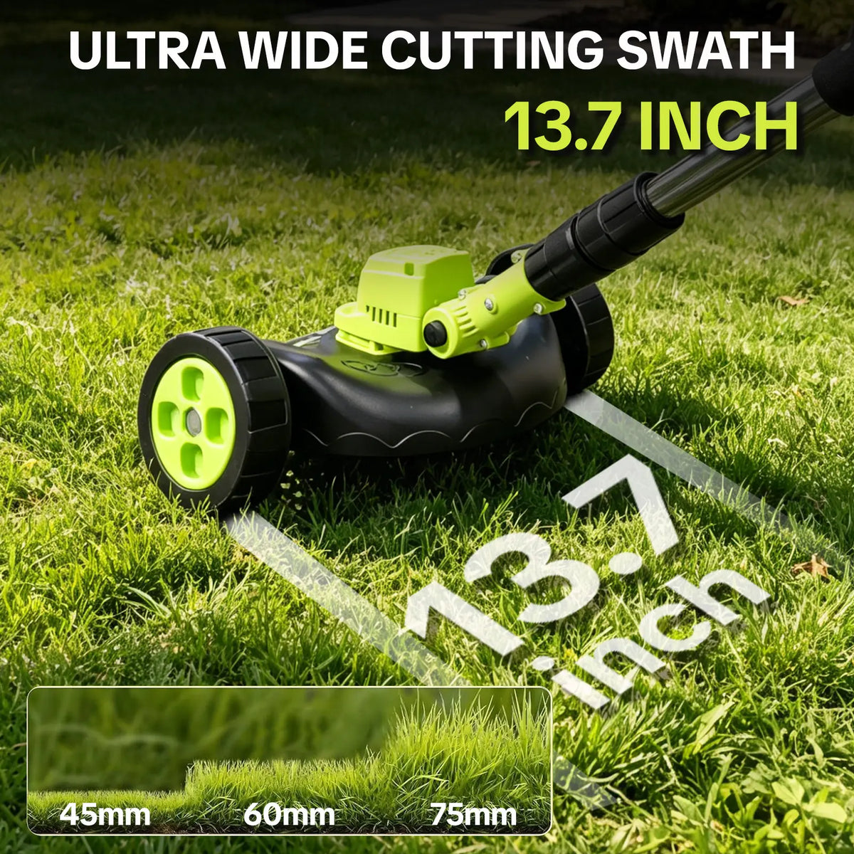Cordless grass trimmer being used around a yard edge
