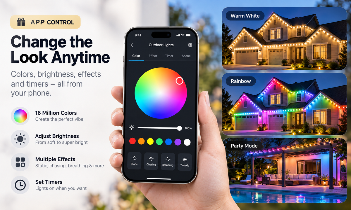 Phone app with outdoor light color, brightness, effects and timer controls